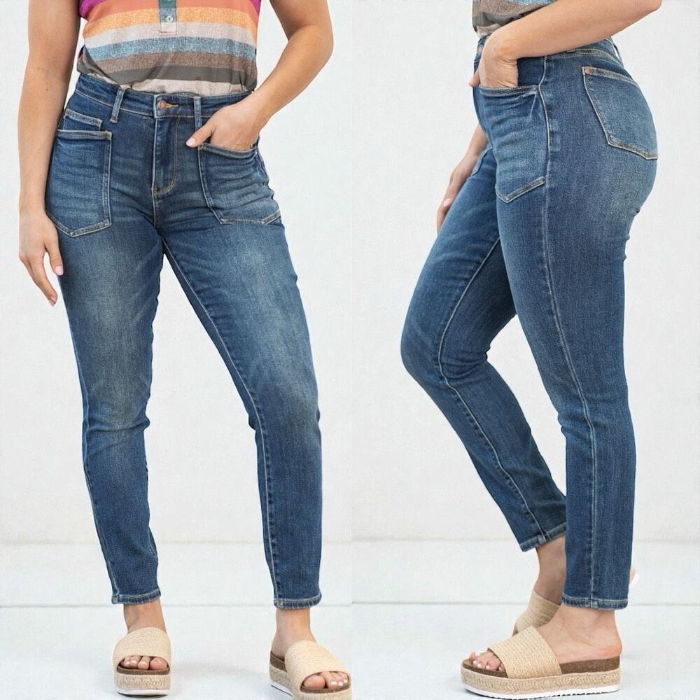Judy Blue Dark Wash High Rise Patch Pocket Skinny Jeans Stretch Plus & Reg NWT - Picture 14 of 16